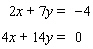 Solve the system of linear equations by the elimination method.  