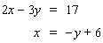 Solve the system by substitution. Substitute the expression in the second equation into the first equation and solve.   If the lines coincide, answer dependent . If the lines are parallel, answer no solution . A)    B)    C)  dependent. D)  no solution E)   