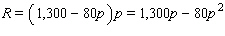 A store selling small portable radios knows from past experience that the number of radios it can sell each week, x , is related to the price per radio, p , by the equation   . Write an expression for the weekly revenue that involves only the variables R and p . A)    B)    C)    D)    E)   