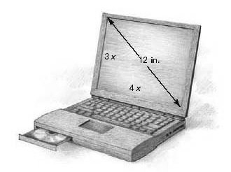 An advertisement for a portable computer indicates it has a 12-inch viewing screen. This means that the diagonal of the screen measures 12 inches. If the ratio of the length to the width of the screen is 3 to 4, we can represent the length with   and the width with   and then use the Pythagorean theorem to solve for   Once we have   the length will be   and the width will be   Find the length and width of this computer screen to the nearest tenth of an inch.   Length = __________ in., width = __________ in.