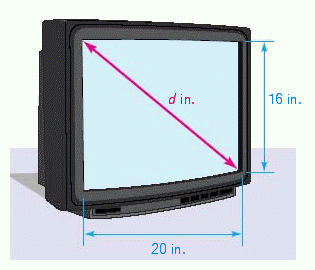The size of a television screen is the diagonal measure of its rectangular screen. How large is a screen if it is 16 inches wide and 20 inches high?   A)  29 in. B)  28 in. C)  23 in. D)  25 in E)  22 in.