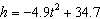 A ball is dropped from a roof. Its height in meters is described by the equation   t seconds after launch. When is the rock at a height of 20 meters? Round to two decimal places.