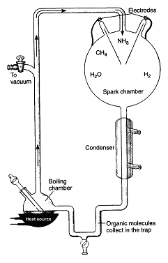 What was the purpose of the spark chamber in this experimental apparatus?   A)  To generate heat B)  To produce ATP C)  To stop the reaction D)  To generate lightening E)  To produce UV radiation