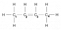How many electron pairs are shared between carbon 2 and 3 in the accompanying figure?   A)  one B)  one and a half C)  two D)  three E)  four