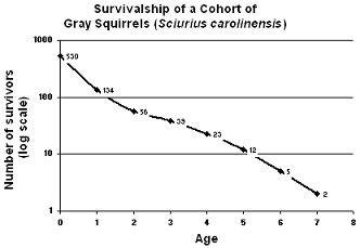 Figure 53-4   Based on the accompanying figure, which of the following age intervals has the highest death rate? A)  0 − 1 B)  1 − 2 C)  2 − 3 D)  3 − 4 E)  4 − 5