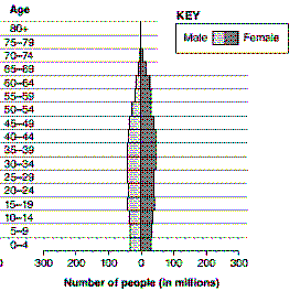 Figure 53-6   Refer to the accompanying figure. Assuming the pattern remains the same, what will the population experience in 50 years? A)  slow growth B)  rapid growth C)  steady state growth D)  negative growth E)  No prediction can be made using these data.