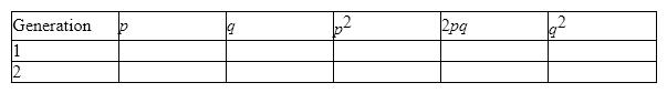 For a particular gene, the frequency of the dominant allele H is 0.65. The total population size is 10,000 individuals. In addition, the homozygous recessive condition results in living but sterile offspring. Fill in the table of values for the generations indicated:     Does this population exhibit Hardy-Weinberg equilibrium? Why or why not? If not, what assumptions does the Hardy-Weinberg principle make that appear to be inapplicable in this situation?