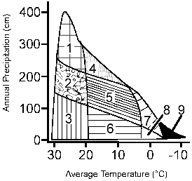 Figure 56-1 ​   ​ Based on the temperature range and precipitation, the area on the accompanying figure labeled as 3 represents which of the following biomes? A)  Savanna B)  Temperate deciduous forest C)  Temperate rain forest D)  Taiga E)  Tundra