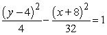 <strong>Find the center and foci of the hyperbola. </strong> A)center: (8, -4) foci: (8, -10), (8, 2) B)center: (-8, 4) foci: (-8, -2), (-8, 10) C)center: (4, -8) foci: (-2, -8), (10, -8) D)center: (-8, 4) foci: (-14, 4), (-2, 4) E)center: (-4, 8) foci: (-4, 2), (-4, 14)