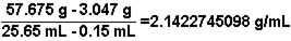 Based on data obtained in an experiment, to determine the density of a metal, the following calculation is carried out.  Express the answer to the correct number of significant figures.   A) 2.1 g\mL B) 2.14 g\ml C) 2.142 g\mL D) 2.1423 g\mL