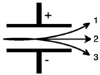 Consider the figure below.  Which form of emitted radiation would follow the path shown by the arrow labeled 3?   A) α B) β<sup>−</sup> C) γ D) n