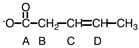 Identify the beta carbon in the following diagram.   A) A B) B C) C D) D
