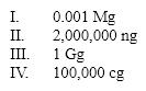 Which of these series correctly orders the values given from smallest to largest?   A) III < II < II < IV B) II < I < IV < III C) II < I = IV < III D) I < IV = III < II E) I < III < IV < II