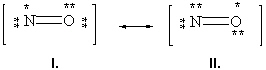 Below are two resonance forms of nitrogen monoxide. Which of the two structures is the preferred resonance form and why?   A)  Structure I is the preferred structure because the formal charge of each atom in the structure equals zero. B)  Structure I is the preferred structure because it obeys the octet rule for each atom in the structure. C)  Structure II is the preferred structure because the formal charge of each atom in the structure equals zero. D)  Structure II is the preferred structure because it obeys the octet rule for each atom in the structure. E)  These are equivalent resonance forms.