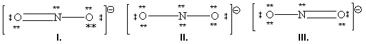 Which of the following is a valid resonance form for nitrite, NO₂ 1 - , that obeys the octet rule for each atom in the formula and uses the appropriate number of valence electrons?   A)  I only B)  II only C)  III only D)  I and III E)  All of these are valid.