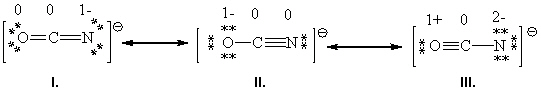 Consider the following three resonance forms for the cyanate ion, (OCN)  1 - . The formal charges for each atom in the formula are labeled.   Based upon a formal charge analysis of each atom in the three resonance forms for the cyanate ion, OCN 1 - , rank the following three resonance forms with respect to increasing importance. (Least important to most important)  A)  I < II < III B)  I < III < II C)  II < I < III D)  II < III < I E)  III < I < II