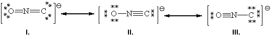 Based upon a formal charge analysis, what is the favored Lewis structure for isocyanate?   A)  I B)  II C)  III D)  I and II E)  II and III
