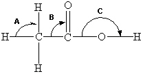 Below is a structural formula of acetic acid. Complete its Lewis structure. What are the approximate bond angles as predicted by VSEPR theory for angles A-C?   A)  A =   90°,  B =   90°,  C = 180° B)  A = 109°,  B =   90°,  C = 180° C)  A =   90°,  B = 109°,  C = 180° D)  A = 109°,  B = 120°,  C = 109° E)  A = 109°,  B =   90°,  C = 109°