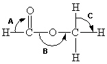 Below is a structural formula for methyl formate. Complete its Lewis structure. What are the approximate bond angles (A-C)  in the figure below for methyl formate?   A)  A =   90°,  B = 180°,  C =   90° B)  A = 120°,  B = 180°,  C = 109° C)  A = 120°,  B = 109°,  C =   90° D)  A = 109°,  B = 109°,  C = 109° E)  A = 120°,  B = 109°,  C = 109°