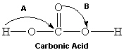 Consider the molecule shown below of carbonic acid. Complete its Lewis structure. What are the two approximate bond angles represented by A and B in the figure below?   A)  A = 180° and  B =   90° B)  A = 109° and  B =   90° C)  A = 180° and  B = 109° D)  A = 109° and  B = 120° E)  A = 180° and  B = 120°
