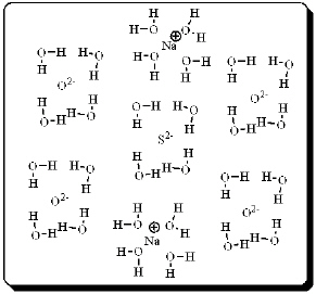 After carefully noting the orientation in which water molecules surround each solute particle, which choice below best represents the true nature of how Na<sub>2</sub>SO<sub>4</sub> exists in an aqueous solution? A)    B)    C)    D)    E)   