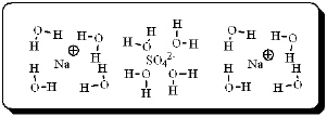 After carefully noting the orientation in which water molecules surround each solute particle, which choice below best represents the true nature of how Na<sub>2</sub>SO<sub>4</sub> exists in an aqueous solution? A)    B)    C)    D)    E)   