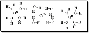 After carefully noting the orientation in which water surrounds each solute particle, which choice below best represents the true nature of how CaCl<sub>2</sub> exists in aqueous solution? A)    B)    C)    D)    E)   