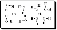 After carefully noting the orientation in which water surrounds each solute particle, which choice below best represents the true nature of how CaCl<sub>2</sub> exists in aqueous solution? A)    B)    C)    D)    E)   