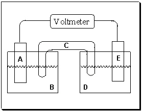 Exhibit 18-1 Consider the figure of a generic voltaic cell below to answer the following question(s) .   -Refer to Exhibit 18-1. If electrons are flowing in the direction from half-cell D to half-cell B, what is the purpose of component C in the voltaic cell above? A)  It is a salt solution that provides cations that can migrate to compartment B and anions that migrate to compartment D in an effort to balance the charge as electricity flows. B)  It is a salt solution that provides anions that can migrate to compartment B and cations that migrate to compartment D in an effort to balance the charge as electricity flows. C)  It allows mixing of solutions in compartments B and D. D)  Its purpose is to hold the two cells together. E)  Electricity flows through this region to complete the circuit as electricity flows.