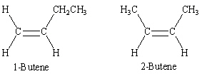 How are 1-butene and 2-butene (shown below)  related?   A)  Completely different compounds B)  Identical compounds C)  Structural isomers D)  Cis - Trans isomers E)  Enantiomers