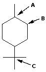 How many hydrogen atoms are assumed at each of the three carbon atoms designated by A , B and C respectively in the following line-angle drawing?   A)  A = 0 hydrogen atoms, B = 1 hydrogen atom, C = 2 hydrogen atoms B)  A = 1 hydrogen atom, B = 1 hydrogen atom, C = 1 hydrogen atom C)  A = 1 hydrogen atom, B = 2 hydrogen atoms, C = 2 hydrogen atoms D)  A = 1 hydrogen atom, B = 2 hydrogen atoms, C = 0 hydrogen atoms E)  A = 2 hydrogen atoms, B = 1 hydrogen atom, C = 0 hydrogen atoms