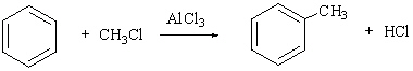 Benzene will react with chloromethane in the presence of a catalyst to produce toluene and hydrogen chloride as shown below. How can this reaction be classified?   A)  Addition reaction B)  Elimination reaction C)  Substitution reaction D)  Combination reaction E)  Decomposition reaction
