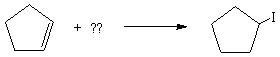 What reagent(s)  is(are)  required to complete the following transformation?   A)  H<sub>2</sub> and I<sub>2</sub> B)  HI C)  I D)  I<sub>2</sub> E)  H<sub>2</sub>O and I<sub>2</sub>