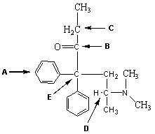 Exhibit 22-2 Methadone is a narcotic painkiller that can curb the craving for Heroin or Morphine. Consider the molecule of Methadone below to answer the following question(s) .   Methadone -Refer to Exhibit 22-2. Which carbon atoms that are labeled A-E in the figure above for Methadone is considered a chiral carbon center? A)  Carbon atoms A, B and D B)  Carbon atoms B, C and D C)  Carbon atoms D and E D)  Carbon atom D only E)  Carbon atom E only