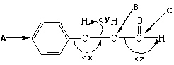Exhibit 22-3 Consider the molecule of cinnamaldehyde, a compound responsible for the cinnamon flavor shown below, to answer the following question(s) .   Cinnamaldehyde -Refer to Exhibit 22-3. What bond angles are present for angles x, y and z respectively in the figure above for Cinnamaldehyde? A)  x = 180°, y =   90° and z = 180° B)  x = 109°, y = 109° and z = 180° C)  x = 120°, y = 120° and z = 120° D)  x = 109°, y =   90° and z = 120° E)  x = 109°, y = 120° and z = 180°