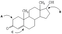Exhibit 22-7 Consider a line-angle drawing of a molecule of Testosterone, a male hormone, to answer the following question(s) .   Testosterone -Refer to Exhibit 22-7. How many hydrogen atoms are assumed at each of the carbon positions labeled A , B and C respectively in the figure of Testosterone above? A)  A = 2 hydrogen atoms, B = 2 hydrogen atoms and C = 2 hydrogen atoms B)  A = 2 hydrogen atoms, B = 1 hydrogen atom and C = 2 hydrogen atoms C)  A = 1 hydrogen atom, B = 1 hydrogen atom and C = 1 hydrogen atom D)  A = 2 hydrogen atoms, B = 1 hydrogen atom and C = 0 hydrogen atoms E)  A = 1 hydrogen atom, B = 2 hydrogen atoms and C = 0 hydrogen atoms