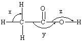 What approximate bond angles are assumed for each of the angles labeled x , y and z indicated in Ethanoic acid shown below?   A)  x = 90 ° , y = 180 ° and z = 180 ° B)  x = 109 ° , y = 180 ° and z = 180 ° C)  x = 109 ° , y = 120 ° and z = 180 ° D)  x = 90 ° , y = 120 ° and z = 180 ° E)  x = 109 ° , y = 120 ° and z = 109 °