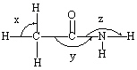 What approximate bond angles are assumed for each of the angles labeled x , y and z indicated in Ethanamide shown below?   A)  x = 90 ° , y = 180 ° and z = 180 ° B)  x = 109 ° , y = 180 ° and z = 180 ° C)  x = 109 ° , y = 120 ° and z = 180 ° D)  x = 90 ° , y = 120 ° and z = 180 ° E)  x = 109 ° , y = 120 ° and z = 109 °