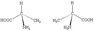 The two compounds shown below are molecules of the amino acid, Alanine. How are they related?   A)  They are structural isomers. B)  They are geometric isomers. C)  They are enantiomers. D)  They are the same compound. E)  They are different conformations.