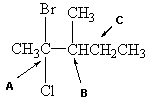 Which carbon atom(s)  labeled in the molecule below is(are)  chiral ?   A)  carbon atom A only B)  carbon atom B only C)  carbon atom C only D)  carbon atoms A and B E)  carbon atoms A, B and C