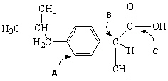 Below is a molecule of Ibuprofen, the active ingredient in Advil, Motrin and Nuprin. Which carbon atom(s)  labeled below is(are)  chiral ?   A)  A only B)  B only C)  C only D)  A and B E)  B and C