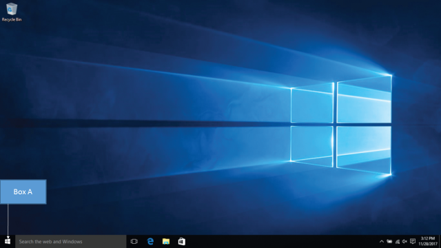 In the accompanying figure of Windows 10, Box A points to the _____.   A) Recycle button B) Start button C) Slideshow button D) Restore button