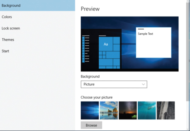 The accompanying figure of Windows 10 shows the _____ in the Settings window.   A) ADAPTATION screen B) PERSONALIZATION screen C) SIGNATURE screen D) PINNING screen