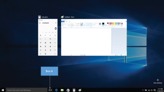 In the accompanying figure of Windows 10, Box A points to the _____.   A) Details View button B) Task View button C) Content View button D) List View button