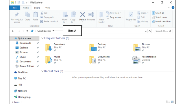 In the accompanying figure of Windows 10, Box A is pointing to the _____.   A) address bar B) status bar C) progress bar D) title bar