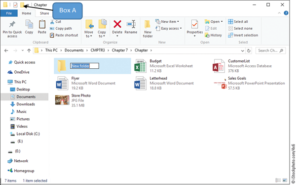 In the accompanying figure of Windows 10, Box A is pointing to the _____. ​   A) Navigate through folders button on the Home tab B) Compress folder button on the Easy Access Toolbar C) Move folder button on the Home tab D) New folder button on the Quick Access Toolbar