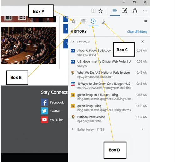 In the accompanying figure of Microsoft Edge, which of the following boxes points to the History button? ​ ​   A) Box A B) Box B C) Box C D) Box D