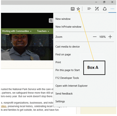 In the accompanying figure of Microsoft Edge, which of the following buttons does Box A indicate? ​ ​   A) More button B) Settings button C) Bookmark button D) Favorites button