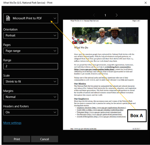 In the accompanying figure of the Print dialog box in Microsoft Edge, Box A points to the _____. ​ ​   A) ScreenTip in the Print dialog box B) print status C) printer name D) default print option for OneNote