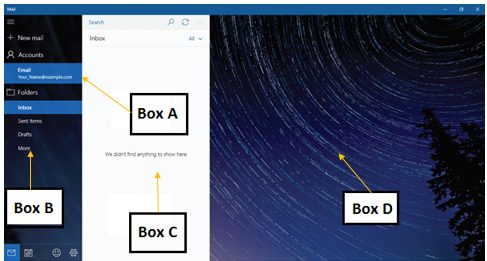In the accompanying figure of Mail, _____ points to the area where the list of messages will appear. ​ ​   A) Box A B) Box B C) Box C D) Box D